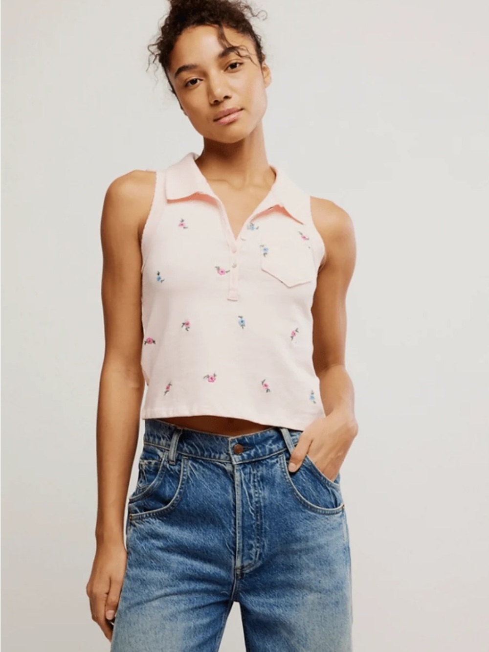 Free People Pepper Knit Polo Embroidered Floral Sleeveless Top Pink XS